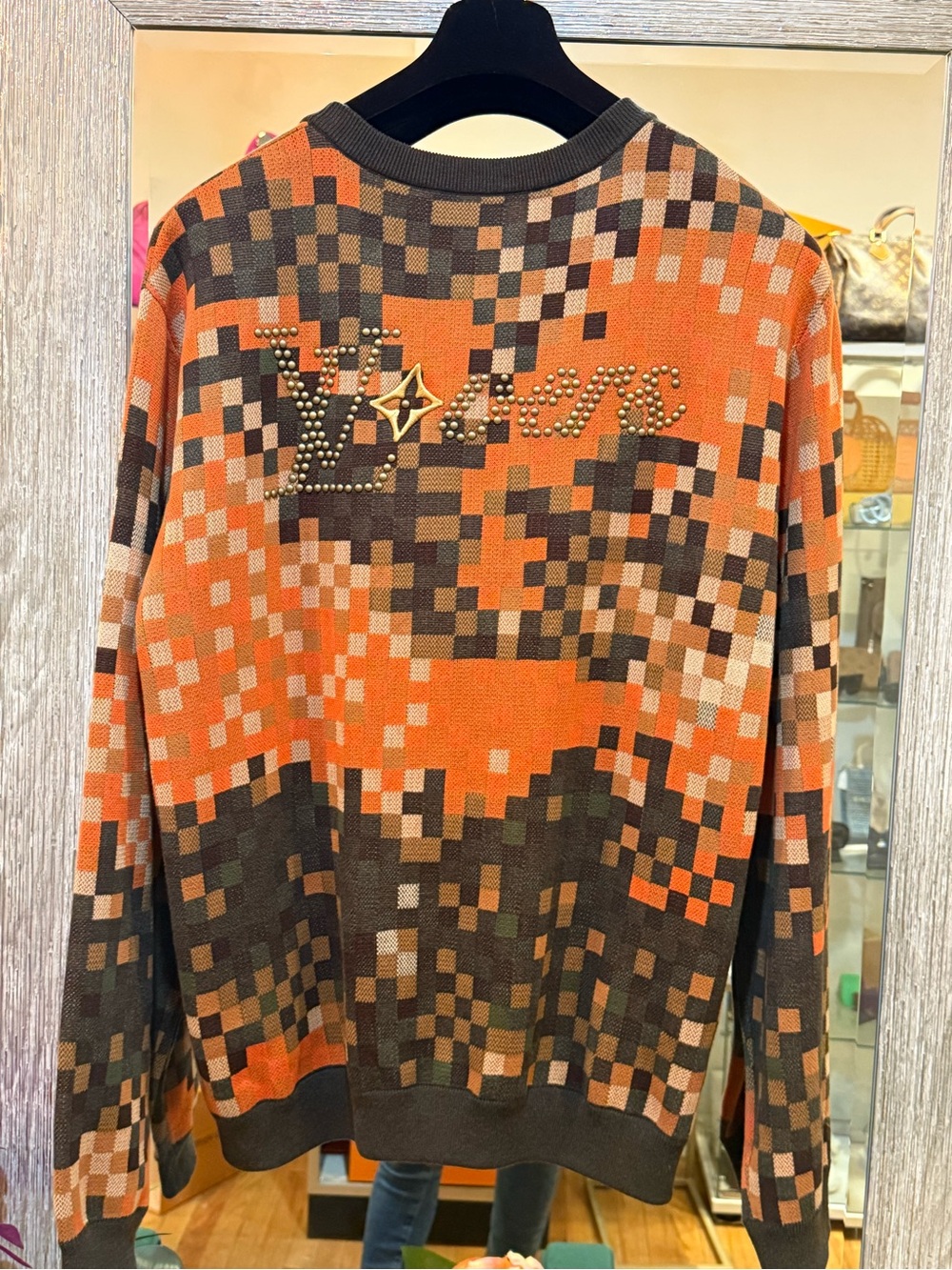 Louis Vuitton Men’s Orange and Brown Pixel-Print Studded Logo Crewneck Sweater